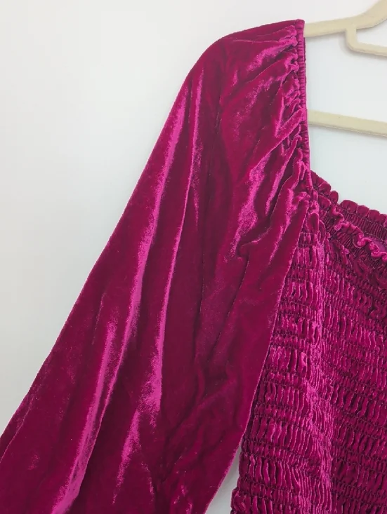 Anthropologie Velvet Smocked Long-Sleeve Top - Magenta - Picture 6 of 6